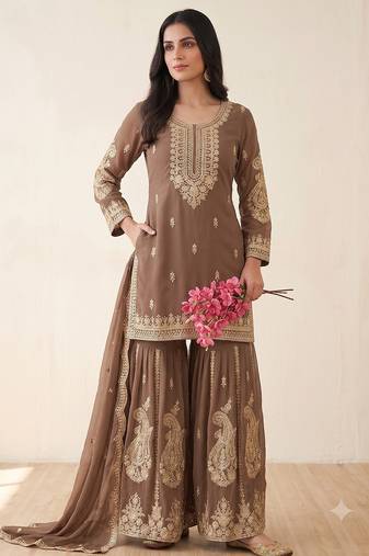 Brown heavy embroidered sequins sharara set for wedding & festive partywear