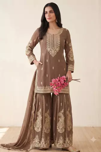Brown heavy embroidered sequins sharara set for wedding & festive partywear