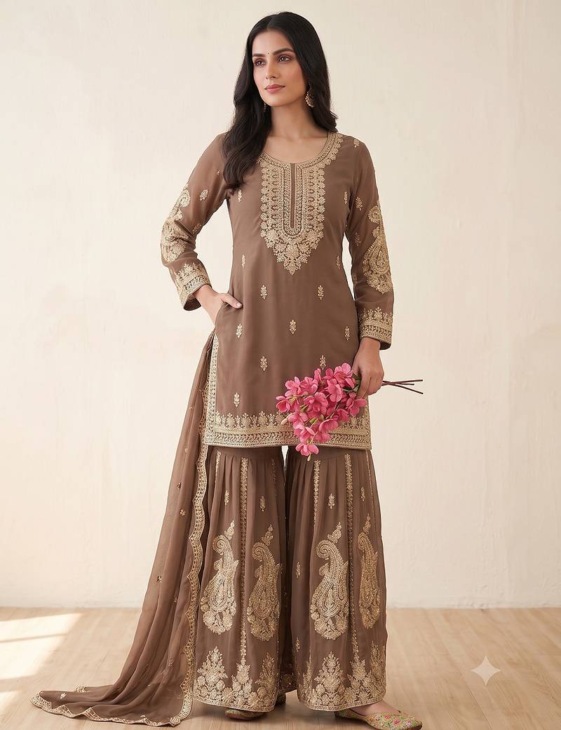 Brown heavy embroidered sequins sharara set for wedding & festive partywear