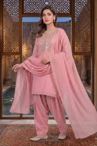 Pink embroidered kurta set with farshi salwar & dupatta