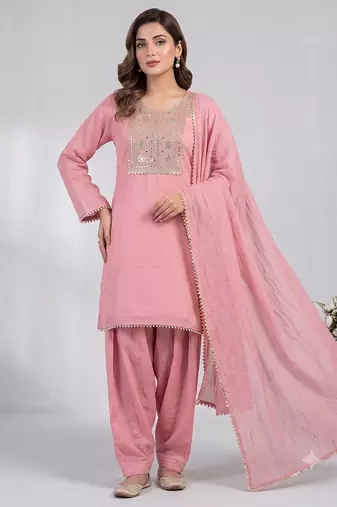 Pink embroidered kurta set with farshi salwar & dupatta