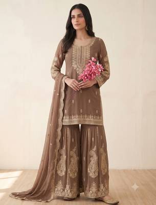 Brown heavy embroidered sequins sharara set for wedding & festive partywear 2