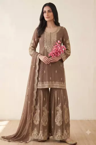 Brown heavy embroidered sequins sharara set for wedding & festive partywear