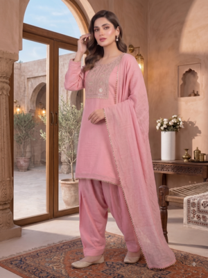 Pink embroidered kurta set with farshi salwar & dupatta 3