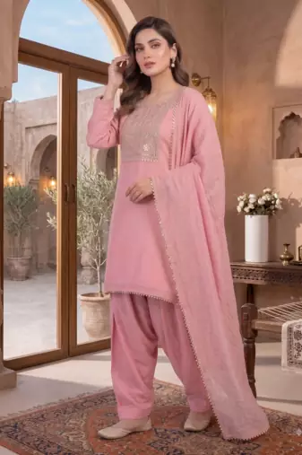 Pink embroidered kurta set with farshi salwar & dupatta