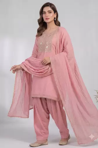 Pink embroidered kurta set with farshi salwar & dupatta