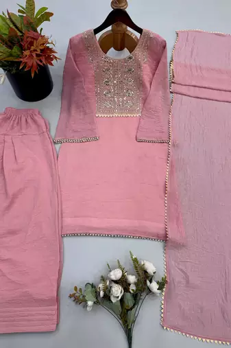 Pink embroidered kurta set with farshi salwar & dupatta