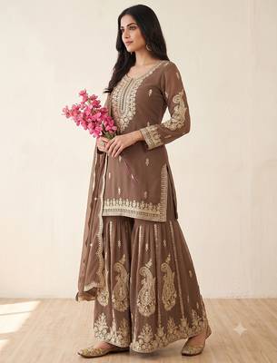 Brown heavy embroidered sequins sharara set for wedding & festive partywear 3