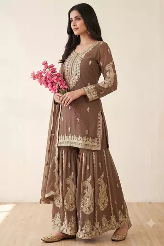 Brown heavy embroidered sequins sharara set for wedding & festive partywear