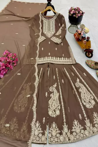 Brown heavy embroidered sequins sharara set for wedding & festive partywear