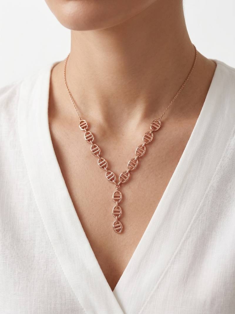 925 Sterling Silver Rose Gold Plated Geometric Link Y Necklace Set  for Women