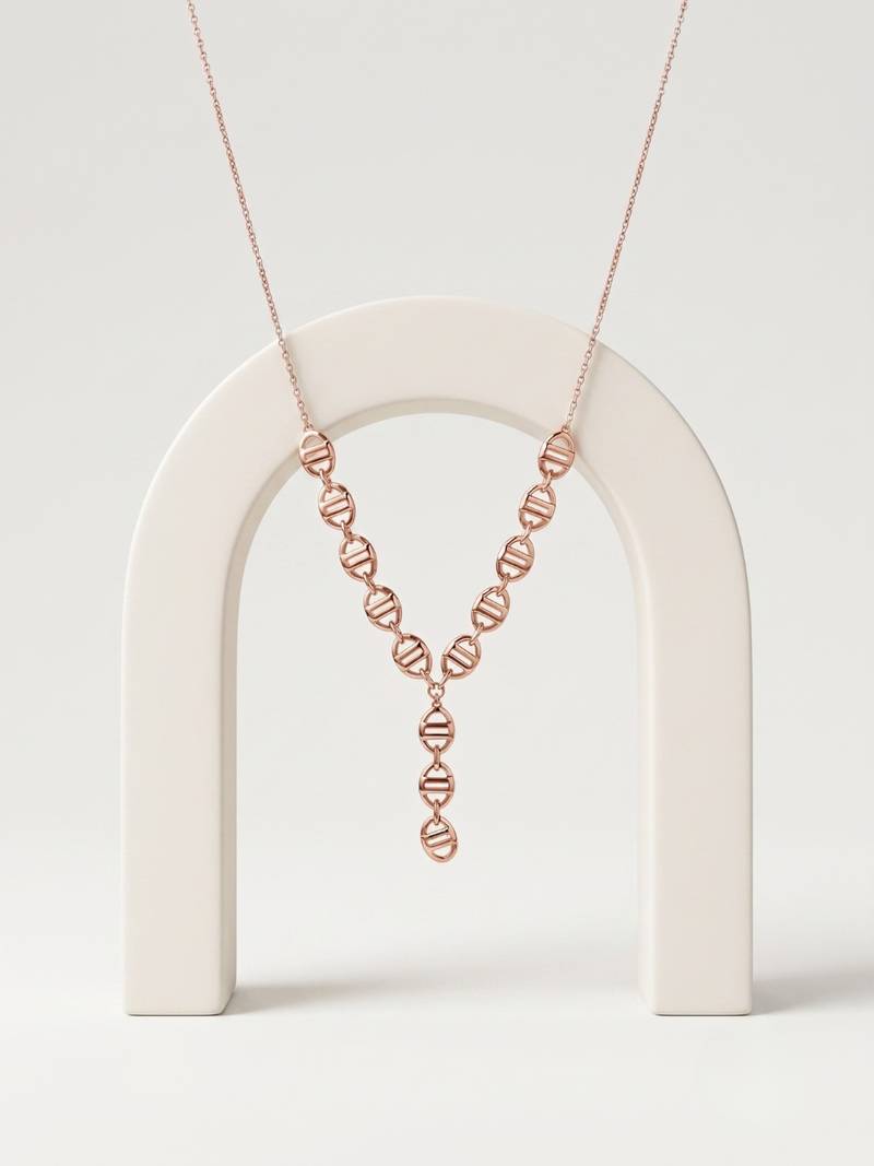 925 Sterling Silver Rose Gold Plated Geometric Link Y Necklace Set  for Women