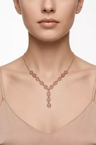 925 Sterling Silver Rose Gold Plated Geometric Link Y Necklace Set  for Women