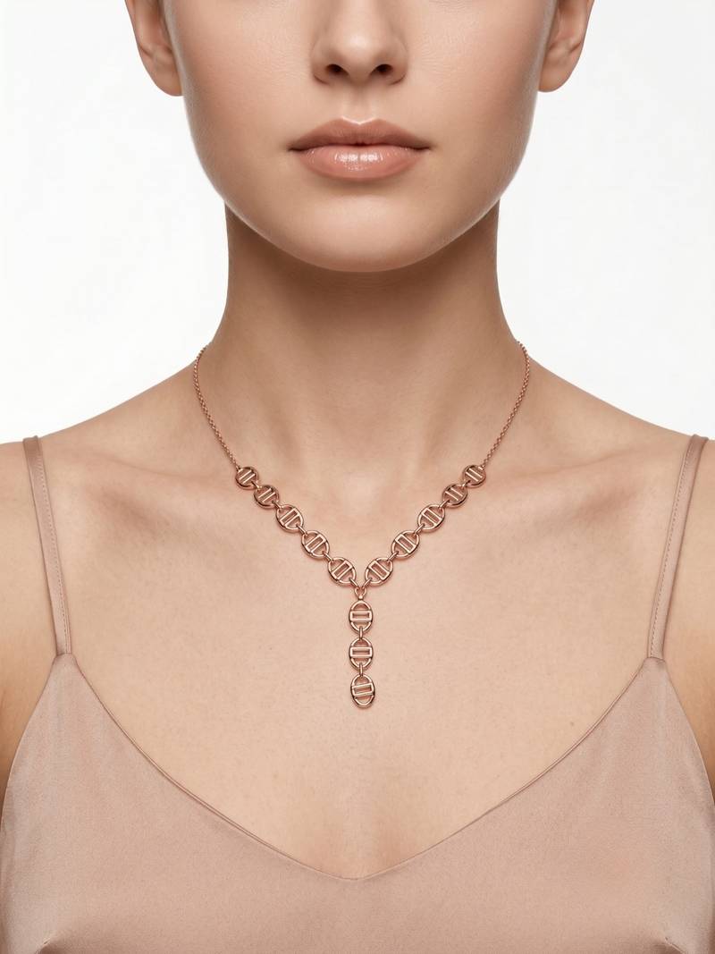 925 Sterling Silver Rose Gold Plated Geometric Link Y Necklace Set  for Women