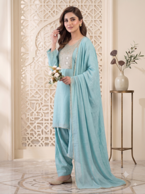 Sky blue embroidered kurta set with farshi salwar & dupatta 1