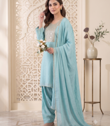 Sky blue embroidered kurta set with farshi salwar & dupatta