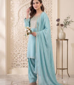 Sky blue embroidered kurta set with farshi salwar & dupatta