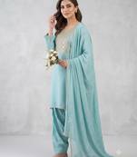 Sky blue embroidered kurta set with farshi salwar & dupatta
