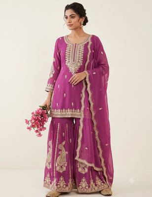 Rani pink heavy embroidered sequins sharara set for wedding & festive partywear 1