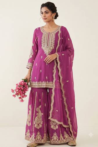 Rani pink heavy embroidered sequins sharara set for wedding & festive partywear