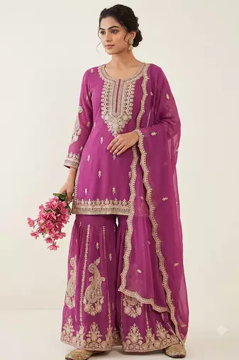 Rani pink heavy embroidered sequins sharara set for wedding & festive partywear