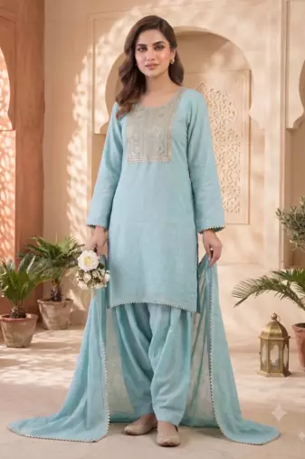 Sky blue embroidered kurta set with farshi salwar & dupatta
