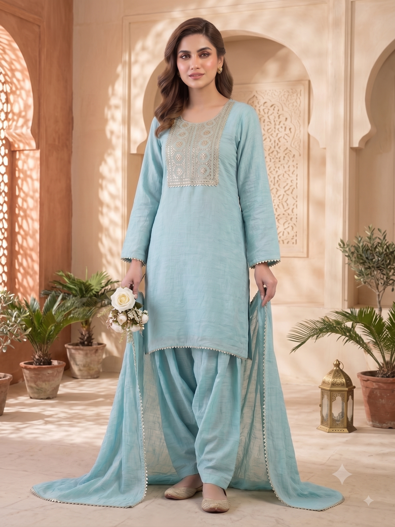 Sky blue embroidered kurta set with farshi salwar & dupatta
