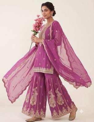 Rani pink heavy embroidered sequins sharara set for wedding & festive partywear 2