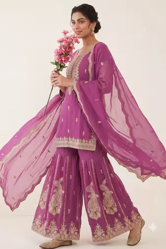 Rani pink heavy embroidered sequins sharara set for wedding & festive partywear