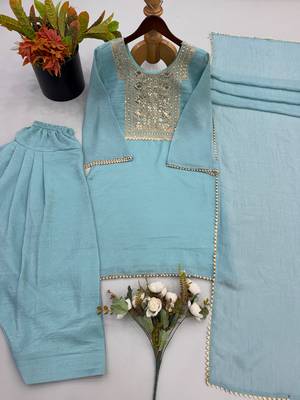 Sky blue embroidered kurta set with farshi salwar & dupatta 4