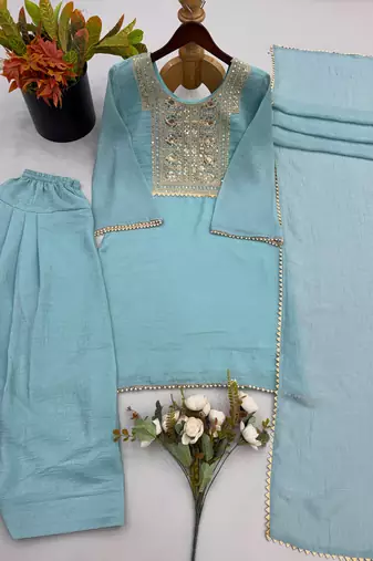 Sky blue embroidered kurta set with farshi salwar & dupatta