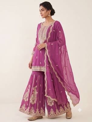 Rani pink heavy embroidered sequins sharara set for wedding & festive partywear 3