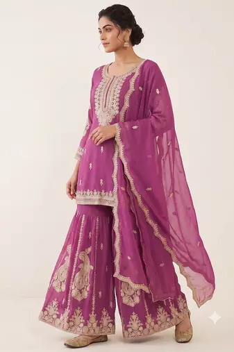 Rani pink heavy embroidered sequins sharara set for wedding & festive partywear