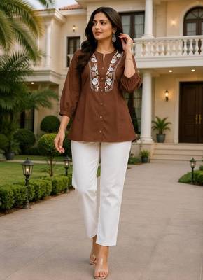 Chocolate brown embroidered short tunic kurti with off-white bottom set 1
