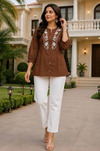Chocolate brown embroidered short tunic kurti with off-white bottom set