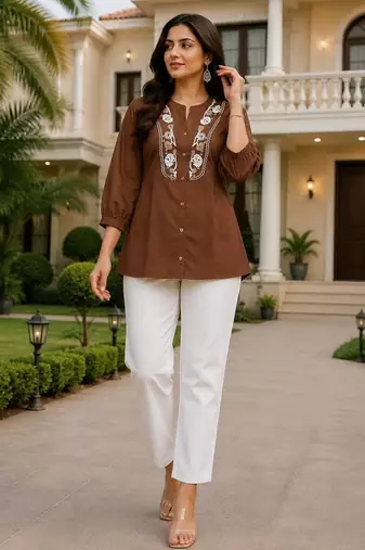 Chocolate brown embroidered short tunic kurti with off-white bottom set
