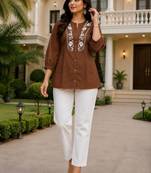 Chocolate brown embroidered short tunic kurti with off-white bottom set