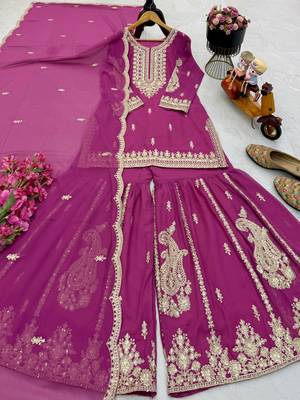 Rani pink heavy embroidered sequins sharara set for wedding & festive partywear 4