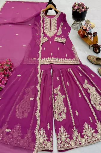 Rani pink heavy embroidered sequins sharara set for wedding & festive partywear