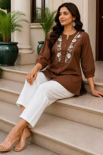 Chocolate brown embroidered short tunic kurti with off-white bottom set