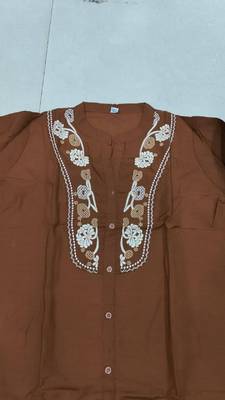 Chocolate brown embroidered short tunic kurti with off-white bottom set 3