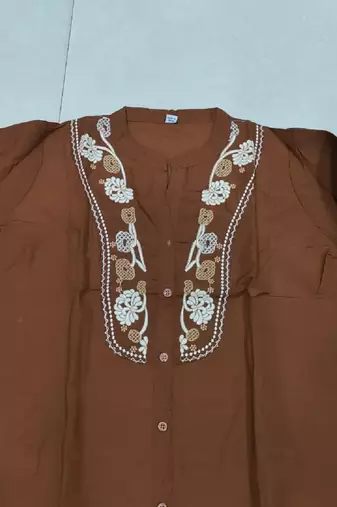 Chocolate brown embroidered short tunic kurti with off-white bottom set