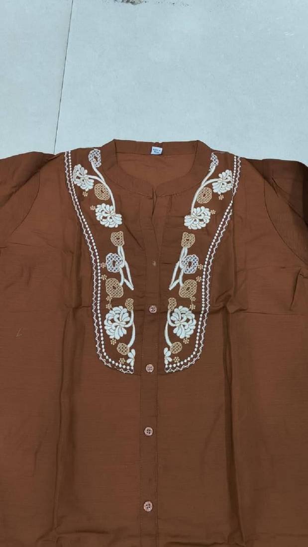 Chocolate brown embroidered short tunic kurti with off-white bottom set