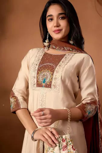 Cream & rust brown embroidered straight kurti palazzo set with dupatta
