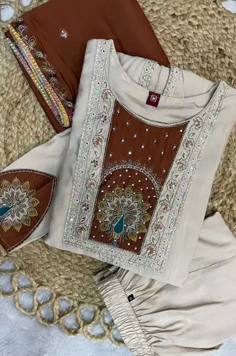 Cream & rust brown embroidered straight kurti palazzo set with dupatta