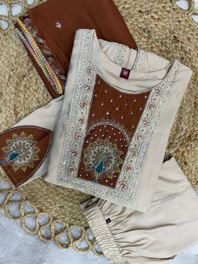 Cream & rust brown embroidered straight kurti palazzo set with dupatta