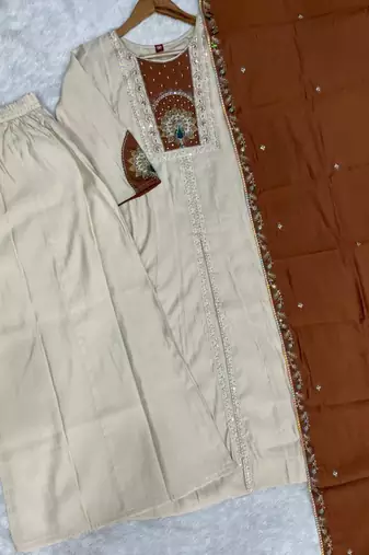 Cream & rust brown embroidered straight kurti palazzo set with dupatta
