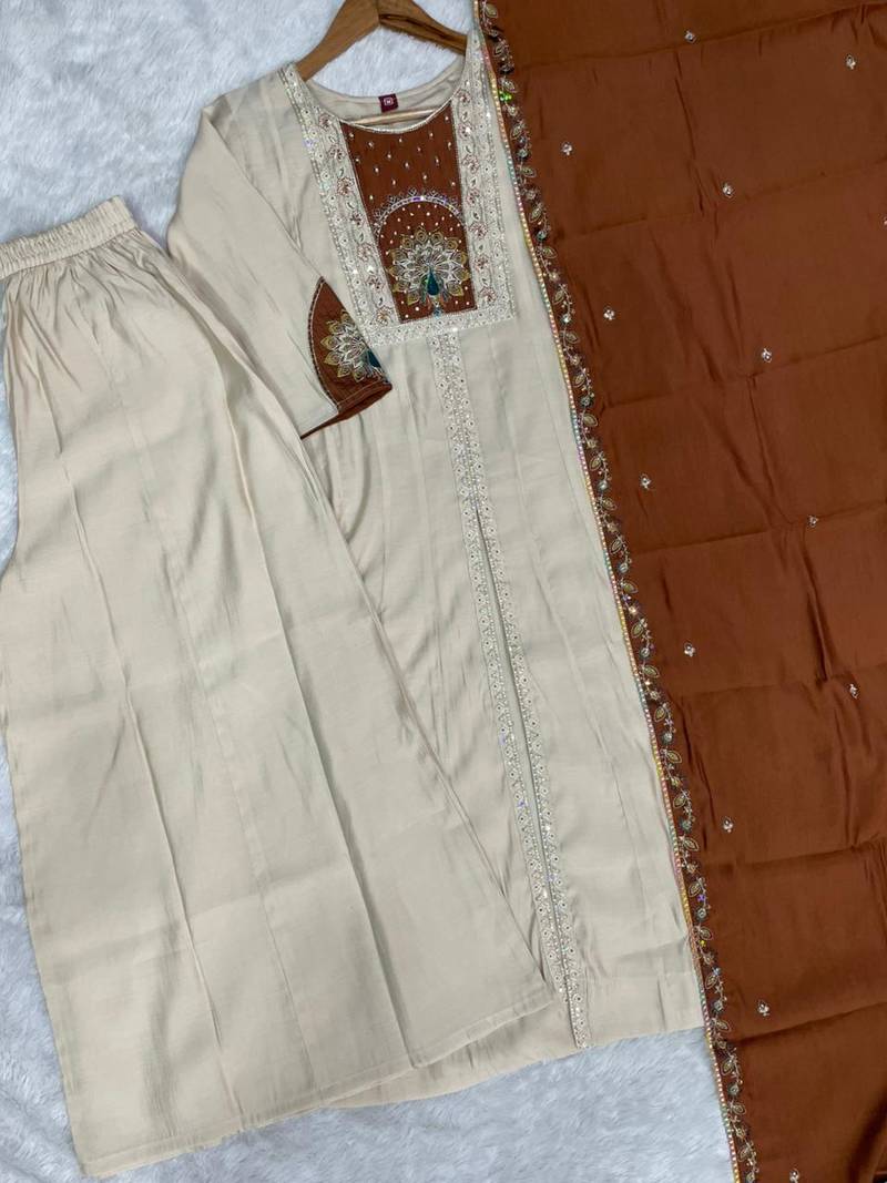 Cream & rust brown embroidered straight kurti palazzo set with dupatta