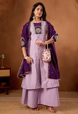 Lavendar & wine embroidered straight kurti palazzo set with dupatta 1