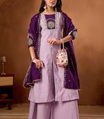Lavendar & wine embroidered straight kurti palazzo set with dupatta